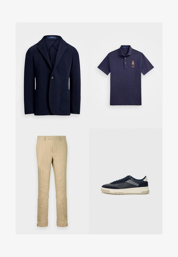 Mornarski blejzer iz gladkega materiala, s pokončnim ovratnikom, dvema sprednjima žepoma in zapiranjem na en gumb s rahlim sijajem.; Polo Ralph Lauren CUSTOM SLIM POLO BEAR MESH POLO SHIRT - Polo majica - faded blue bear; Bežne lanene hlače, ravne noge, lahka tkanina s subtilno teksturo, z standardnim pasom in brez vidnih vzorcev.; BOSS BALTIMORE - Športni copati - open blue