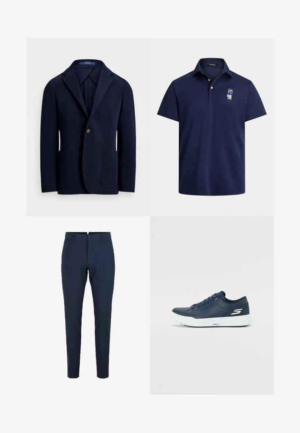 Blazer azul-marinho feito de tecido suave, com lapela recortada, dois bolsos frontais e fecho de botão único com um ligeiro brilho.; Polo azul-marinho feito de tecido macio, com colarinho de três botões e um pequeno detalhe em personagem bordado no lado esquerdo do peito.; Calças ajustadas azul-marinho, com passantes para cinto, pregas frontais e um design slim fit. Feitas em tecido leve e suave.; Sapatilha azul-marinho com parte superior sintética suave, gola almofadada e sola branca. Apresenta logo na lateral e atacadores planos para um ajuste seguro.