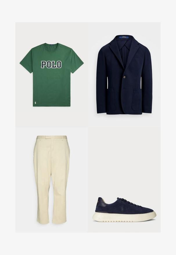 Jūras zilas krāsas uzvalka žakete, kas izgatavota no gludas auduma, ar izgriezumu, divām priekšējām kabatām un vienu pogu, ar nedaudz spīdīgu apdari.; Zaļš kokvilnas T-krekliņš ar lielu "POLO" logo baltā un tumši zilā krāsā. Īsas piedurknes, apaļš kakla izgriezums un neliels logo elements apakšmalā.; Beige kokvilnas bikses ar taisnu griezumu, ar rāvējslēdzēju, divām priekšējām kabatām un tīru apdari bez rakstiem vai redzamām detaļām.; Jūras kara flotes zamšādas zemas kedas ar strukturētu virsmu, gumijas zoli un tonālām šņorēm, ar mazu logotipu uz sāna un papēža.