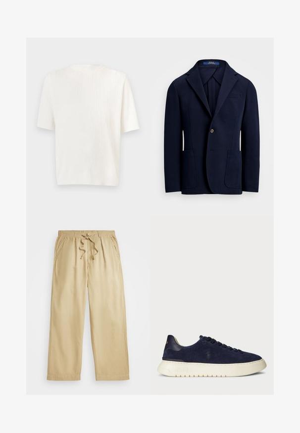 Jūras zilas krāsas uzvalka žakete, kas izgatavota no gludas auduma, ar izgriezumu, divām priekšējām kabatām un vienu pogu, ar nedaudz spīdīgu apdari.; Balta īsām piedurknēm ribota džemperis. Apļveida kakla izgriezums un maiga tekstūra. Tieša piegrieztne ar smalku spīdumu. Viegls un universāls dizains.; Bežīgas bikses ar savilktām auklām, elastīgu jostu, platām kājām, divām sānu kabatām un ar šūtām apmalēm. Mīksta, viegla auduma.; Jūras kara flotes zamšādas zemas kedas ar strukturētu virsmu, gumijas zoli un tonālām šņorēm, ar mazu logotipu uz sāna un papēža.