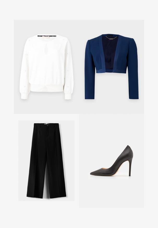 Sötétkék, rövidített szabású dzseki hosszú ujjakkal, sima anyagból készült, mély V-nyakkivágással és minimalista dizájn részletekkel.; Fehér pulóver kerek nyakkal, elülső kulcslyuk részlettel és gombos díszítéssel az ujjakon. Ráncolt derékpánttal és bordázott mandzsettákkal rendelkezik.; Fekete, bő szárú nadrág, könnyű anyagból, elöl gombos záródással és sima elfröccsenésű fazonnal, szépen varrott szegélyekkel.; Fekete bőr magassarkú cipő, hegyes orral és sima felülettel, karcsú sarokkal és minimalista dizájnnal.