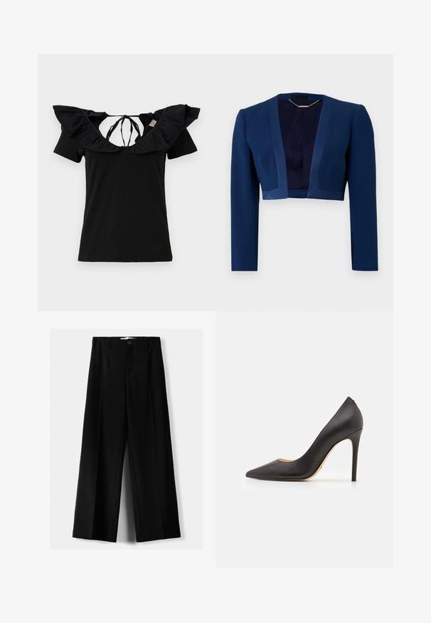 Námořnická modrá zkrácená bunda s dlouhými rukávy, vyrobená z hladké tkaniny, s hlubokým výstřihem ve tvaru V a minimalistickými designovými detaily.; Černé tričko s krátkými rukávy, které má široký volánkový výstřih a vázání na zádech. Hladká textura, klasický střih a minimalistický design.; Černé široké kalhoty z lehkého materiálu s předním zapínáním na knoflík a hladkým předním dílem, s pečlivě přišitými lemy.; Černé kožené lodičky s vysokým podpatkem a špičatou špičkou, s hladkým povrchem, štíhlým podpatkem a minimalistickým designem.