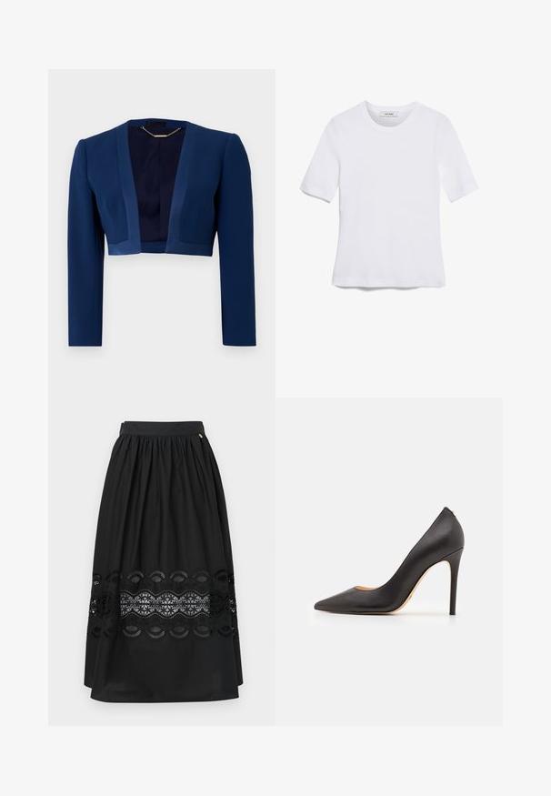 Veste courte bleu marine à manches longues, en tissu lisse, avec un décolleté en V profond et des détails de design minimalistes.; T-shirt blanc à manches courtes en tissu côtelé. Col rond, coupe régulière et détails de couture subtils. Aucune motif ni graphique.; Jupe noire en tissu lisse avec une taille élastique, ornée d'une insert en dentelle à motif ondulé au niveau de l'ourlet.; Pompe à talon haut en cuir noir avec un bout pointu et une texture lisse, présentant un talon élancé et un design minimaliste.