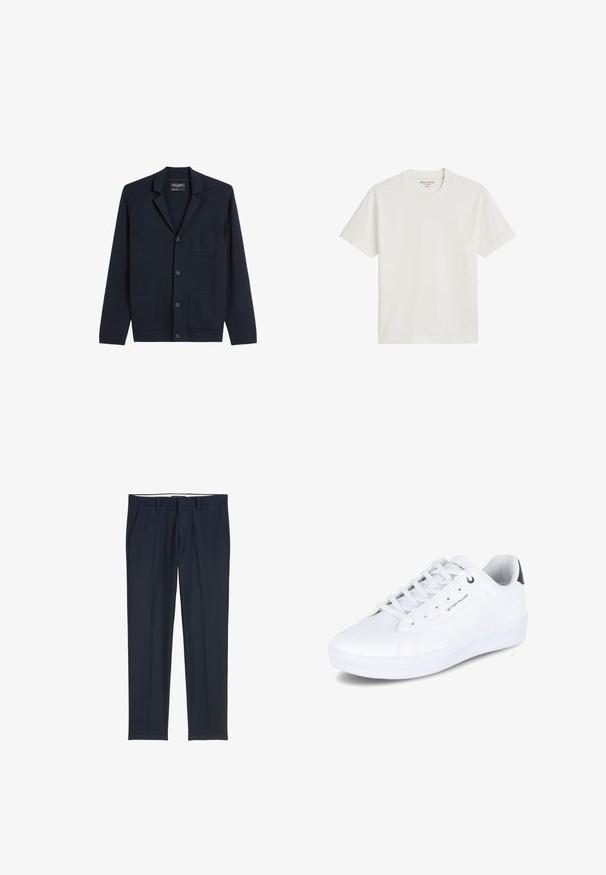 Marineblauer Cardigan aus strukturiertem Stoff, mit einem Reverskragen, drei Knöpfen und zwei Fronttaschen sowie einer kleinen Brusttasche.; Baumwoll-T-Shirt in Off-White, mit Rundhalsausschnitt und kurzen Ärmeln, ausgestattet mit einem geraden Saum und minimaler Markenkennzeichnung auf dem Etikett.; Marineblaue Hosen aus weichem Stoff, mit geradem Bein, Vordertaschen und einem glatten Bund mit Gürtelschlaufen.; Weiße Sneakers aus glattem Synthetikmaterial, niedriges Design, runde Zehenform, sechs Ösen, Logoprägung an der Seite, kontrastierender dunkler Fersenakzent.