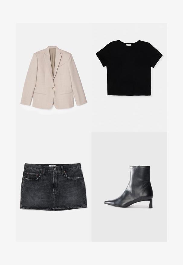 Beige structured blazer, single button closure, notched lapels, textured fabric with fine patterns, two front pockets, unlined interior.; Black cropped t-shirt made from soft cotton, features short sleeves, a round neckline, and a clean hem without embellishments.; Black denim skirt with a fitted design, two front pockets, and a waistband. Features subtle stitching and a small tag at the back.; Black leather ankle boot with a pointed toe and a sleek design. Features a low heel and a zipper closure at the back. Smooth texture.