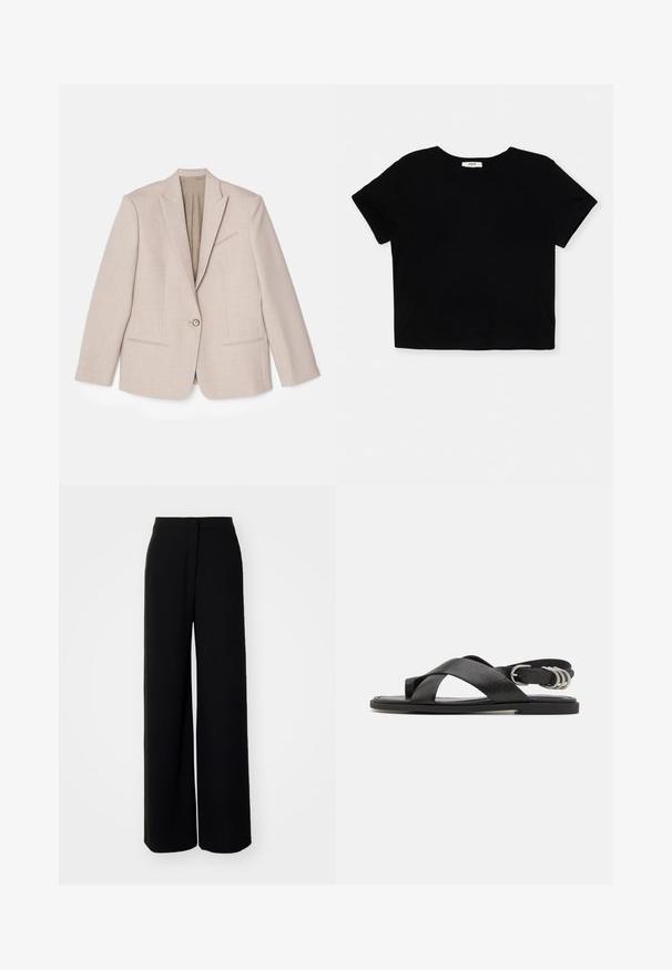 Beige strukturierter Blazer, Ein-Knopf-Verschluss, Reverskragen, strukturierter Stoff mit feinen Mustern, zwei Vordertaschen, ungefüttertes Innenfutter.; Schwarzes, kurz geschnittenes T-Shirt aus weicher Baumwolle, mit kurzen Ärmeln, einem runden Halsausschnitt und einem sauberen Saum ohne Verzierungen.; Schwarze weit ausgestellte Hose mit hoher Taille, glattem Stoff, vorderem Knopfverschluss und ohne sichtbare Taschen, die eine taillierte Passform bietet.; rag & bone GIA TOE LOOP - Riemensandalette - black