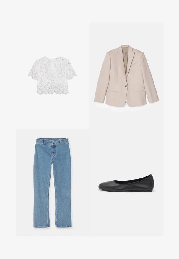 Beige rakennebleiseri, yksittäinen nappikiinnitys, uurrettu kaulus, teksturoitu kangas hienoilla kuvioilla, kaksi etutaskua, vuoriton sisus.; Valkea pitsikroppitoppi lyhyillä hihoilla, kukkakuosi, aaltoileva helma ja hienovarainen tekstuuripinta. Varusteena takana oleva vetoketjusuljenta.; Vaaleansinisiä suoria farkkuja nappi- ja vetoketj closures, vyölenkit ja tavallinen ommel valkoista taustaa vasten.; Musta nahkainen ballerina, jossa on pyöristetty kärki, sileä pinta, minimaalinen ommelkoristelu ja joustava pohjamuotoilu.