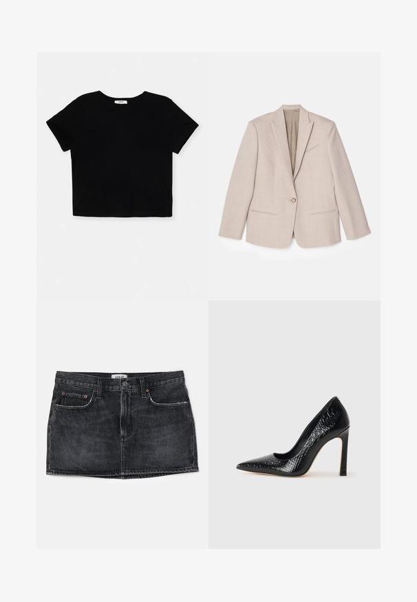 Béžový strukturovaný blazer, zapínání na jeden knoflík, vystouplé klopy, textilní látka s jemnými vzory, dvě přední kapsy, nezašitý interiér.; Černé zkrácené tričko vyrobené z měkké bavlny, má krátké rukávy, kulatý výstřih a čistý lem bez zdobení.; Černá denimová sukně s přiléhavým střihem, dvěma předními kapsami a pasem. Obsahuje jemné prošívání a malou cedulku na zadní straně.; Černý lodičkový bot s špičatou špičkou, pokrytý texturou krokodýlí kůže, s elegantním designem, vysokým stiletto podpatkem a hladkým černým interiérem.