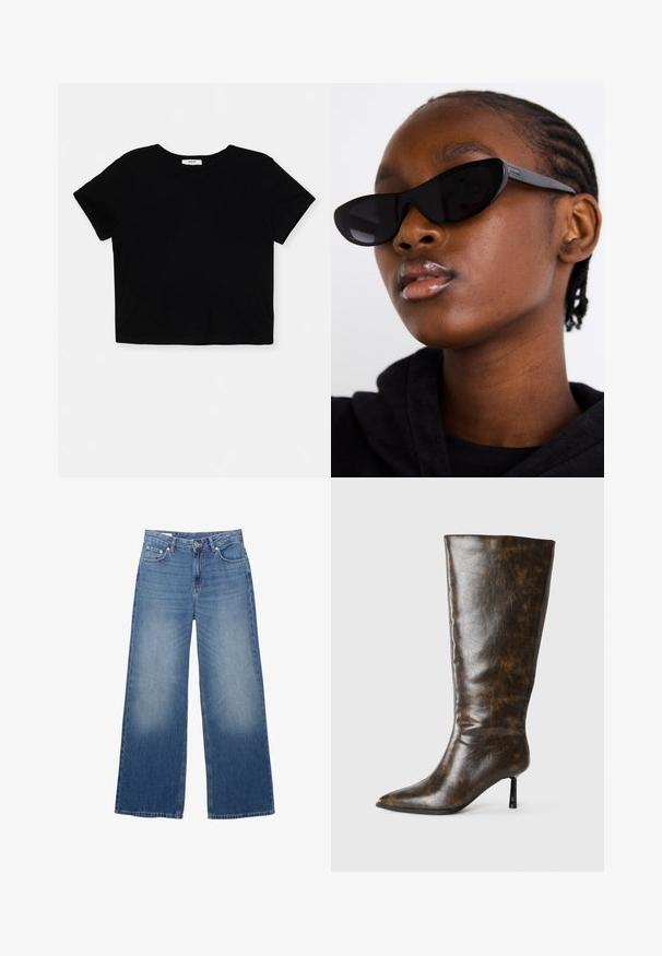 Beige struktureret blazer, med enkelt knaplukning, spidse klapkraver, tekstureret stof med fine mønstre, to frontlommer, uforet indre.; Sort cropped t-shirt lavet af blødt bomuld, har korte ærmer, en rund halsudskæring og en ren kant uden udsmykninger.; Bredde denimjeans i lys blå med en falmet overflade, fem lommer og en knaplukning i taljen. Lavet af bomuldsstof, lige snit.; Brune slidset læder knæhøj støvle med spids tå og tynd stilettohæl på en hvid baggrund.; Sorte cat-eye solbriller med mat finish, der har et strømlinet design og bløde kurver, sat mod en models mørke tøj.