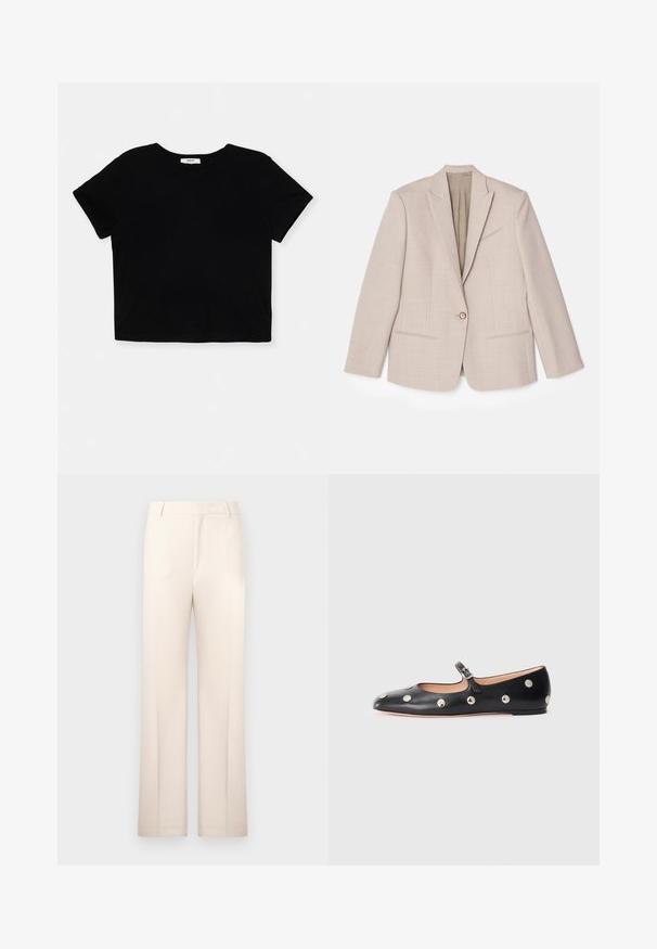 Beige structured blazer, single button closure, notched lapels, textured fabric with fine patterns, two front pockets, unlined interior.; Black cropped t-shirt made from soft cotton, features short sleeves, a round neckline, and a clean hem without embellishments.; Beige tailored trousers with a straight-leg design, made from lightweight fabric. Features front pleats and a classic waistband.; Black leather Mary Jane flat shoe with a rounded toe, featuring silver circular studs and an adjustable strap with a buckle.