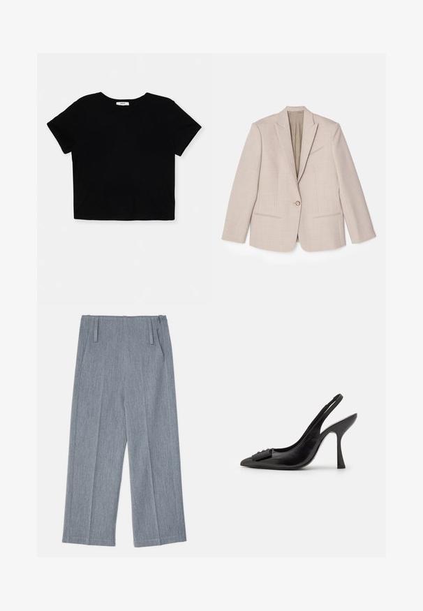 Beige struktureret blazer, med enkelt knaplukning, spidse klapkraver, tekstureret stof med fine mønstre, to frontlommer, uforet indre.; Sort cropped t-shirt lavet af blødt bomuld, har korte ærmer, en rund halsudskæring og en ren kant uden udsmykninger.; Lys grå, vidde bukser lavet af struktureret stof, med to frontfolder og to sidelommer. Ren, skræddersyet design.; Sorte lædersandal med spids tå, slank høj hæl og dekorativ sløjfeaccent. Glat tekstur og strømlinet design.