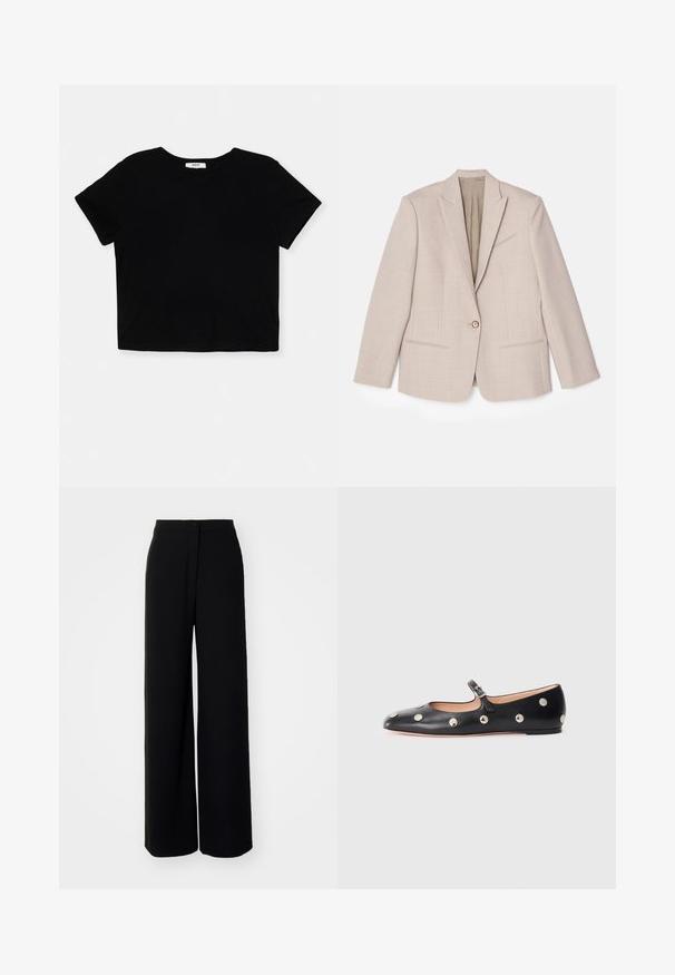 Bež strukturirani sako, zatvaranje na jedan gumb, urezani reveri, teksturirana tkanina s finim uzorcima, dva prednja džepa, nezašiveno unutrašnjost.; Crni kratki majica napravljena od mekanog pamuka, ima kratke rukave, okrugli izrez i čistu ivicu bez ukrasa.; Crne široke hlače visokog struka, glatkog materijala, s prednjim kopčanjem na dugme i bez vidljivih džepova, s krojem prilagođenim figuri.; Crne kožne Mary Jane balerinke s zaobljenim vrhom, koje sadrže srebrne kružne zakovice i podesivu traku s kopčom.