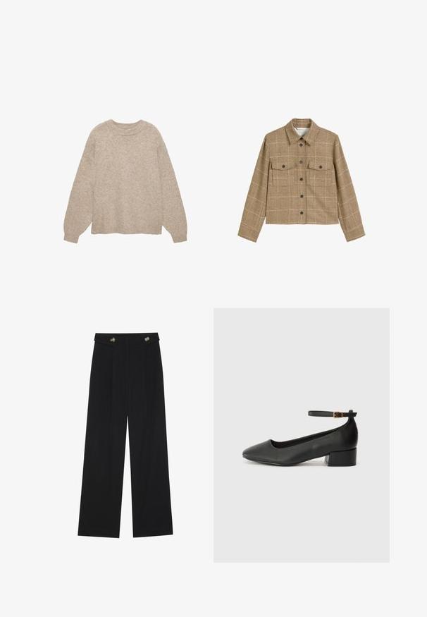 Braun karierter Blazer mit Kragen, zwei vorderen Taschen und Knopfverschluss. Hergestellt aus einem strukturierten Stoff mit einem verkürzten Design.; Beige gestrickter Pullover mit Rundhalsausschnitt, langen Ärmeln und texturiertem Finish. Mit gerippten Bündchen und Saum. Lässige Passform, minimalistisches Design.; Schwarze weite Hosen mit hoher Taille, Knopfdetails am Bund und vorderen Falten.; Schwarze Lederpumps mit spitzem Zehenbereich und niedrigem Blockabsatz. Mit einem Knöchelriemen und einer goldfarbenen Schnalle. Glatte Textur.