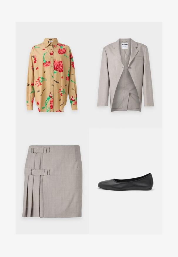 Blazer grigio chiaro con una finitura testurizzata, dotato di una tasca sul petto e di un interno visibile con un taglio unico e dettaglio con gancetto argentato.; Camicia beige a maniche lunghe con colletto a bottoni. Presenta un motivo floreale rosso e verde e vari schizzi neri, tra cui penne e graffette.; Gonna grigia con tessuto testurizzato, pieghe laterali e due fibbie per una vestibilità regolabile. Forma dritta classica, design alla lunghezza del ginocchio.; Pantofole da balletto nere in pelle con punta arrotondata, texture liscia, dettagli di cucitura minimi e design con suola flessibile.