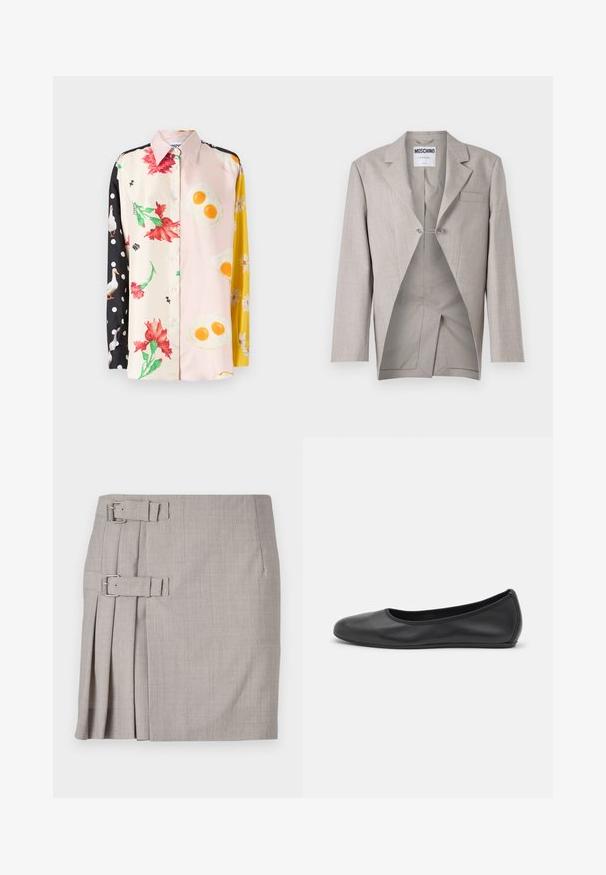Light gray blazer with a textured finish, featuring a single chest pocket and a visible interior with a unique cut and silver clasp detail.; Colorful button-up shirt featuring floral and food patterns; materials include silk. Black polka dots on one sleeve; yellow floral accents.; Gray skirt featuring a textured fabric, side pleats, and two buckle accents for adjustable fit. Classic straight shape, knee-length design.; Black leather ballet flat with a rounded toe, smooth texture, minimal stitching detail, and a flexible sole design.