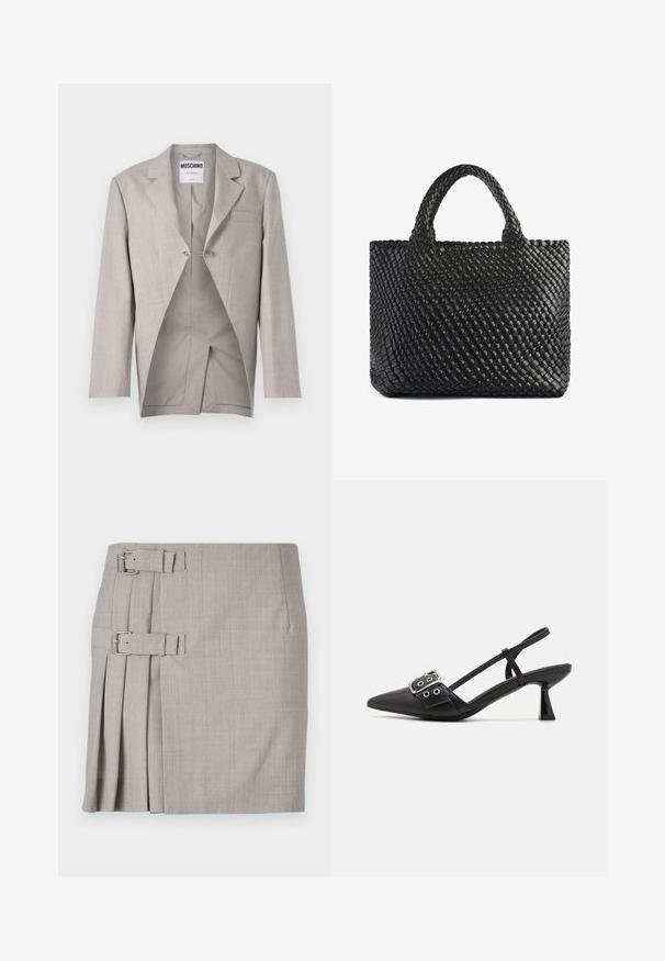 Blazer gris claro con acabado texturizado, que presenta un único bolsillo en el pecho y un interior visible con un corte único y detalle de cierre plateado.; Camiseta de algodón blanca con mangas cortas, cuello redondo y un texto gráfico rojo que dice "FRUTA DELICIOSA Y REFRESCANTE" en la parte frontal.; Falda gris con tela texturizada, pliegues laterales y dos hebillas para un ajuste ajustable. Forma clásica recta, diseño a la altura de la rodilla.; Simmi London DALA - Tacones - black; Bolso tote tejido negro con dos asas, que presenta una superficie texturizada y una forma rectangular. Diseño simple y único sin hardware visible.