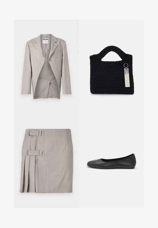 Sacou gri deschis cu un finisaj texturat, având un buzunar pe piept și un interior vizibil cu o tăietură unică și detalii din clasp argintiu.; Top negru fără mâneci, cu material drapat, strângere laterală și detalii cu franjuri lungi, având o textură netedă și o siluetă ajustată.; Fustă gri cu un material texturat, pliuri laterale și două accente cu catarame pentru ajustare. Formă clasică drept, design până la genunchi.; Balerini din piele neagră, cu vârf rotund, textură netedă, detalii de cusătură minimale și un design al tălpii flexibil.; Won Hundred MARSIELLE COMPUTER BAG UNISEX - Geantă laptop - black