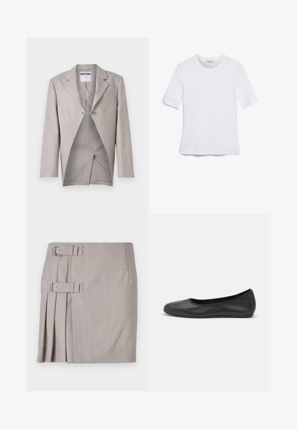 Svetlošedý blazer s textúrovaným povrchom, ktorý má jedno vrecko na hrudi a viditeľný interiér s jedinečným strihom a detailom so strieborným klipom.; Biela krátka tričko s krátkymi rukávmi vyrobené z rebrovanej látky. Klasický okrúhly výstrih, bežný strih a jemné švy. Bez vzorov alebo grafiky.; Šedá sukňa so štruktúrovanou textíliou, postrannými plisovaním a dvoma dokončovacími prackami pre nastaviteľnú veľkosť. Klasický rovný strih, dĺžka po kolená.; Čierne kožené baleríny s okrúhlou špičkou, hladkým povrchom, minimálnym prešívaním a flexibilným dizajnom podrážky.