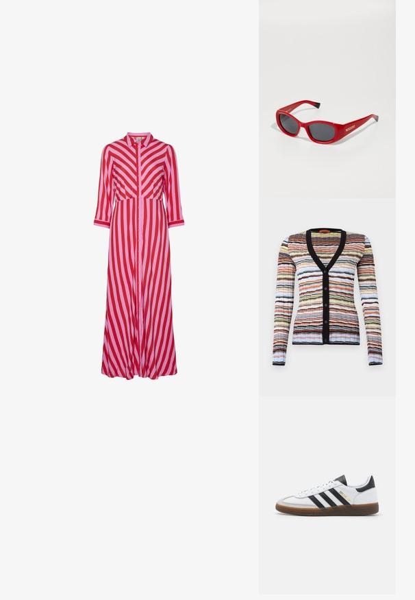 Texturerat rosa tyg, slätt med en lätt lyster, med ett diagonalt vävmönster och mjuk fall. Rik färgmättnad ökar den visuella tilltalande.; Flerfärgad cardigan med svart V-ringning och knappar, med ett strukturerat randigt mönster i nyanser av orange, blått, gult och svart.; Lång knäppklänning med växlande röd och rosa diagonala ränder. Tillverkad av lätt material med trekvartsärmar.; Vit lädersneaker med svarta mockadetaljer, tre svarta ränder, beige gummisula och guld "SPEZIAL"-logotyp på sidan.; Röda plastsolglasögon med en smal, oval ram. Har mörka linser och guldlogotyp på sidan. Svarta detaljer vid tempeländarna.