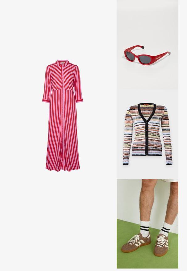 Textúrált rózsaszín anyag, sima, enyhe fénylással, átlós szövésmintával és puha eséssel. Gazdag színelmélyesség növeli a vizuális vonzerőt.; Többszínű kardigán fekete V nyakkal és gombokkal, melynek texturált csíkos mintája narancs, kék, sárga és fekete árnyalatokban pompázik.; Hosszú, begombolható ruházat, amely váltakozó piros és rózsaszín átlós csíkokkal rendelkezik. Könnyű anyagból készült, háromnegyedes ujjakkal.; Barna velúr sportcipő fehér díszítéssel és fűzővel. Gumi talp. Fehér zoknival viselve, fekete csíkokkal. Zöld, textúrázott padló.; Piros műanyag napszemüveg, vékony, ovális kerettel. Sötét lencsékkel és arany logóval az oldalon. Fekete kiemelések a szár végén.; Szövetlen szalmából készült, téglalap alakú táska, világosbarna bőrszíjjal és ezüstszínű fém díszítéssel, természetes bézs színnel és textúrával.