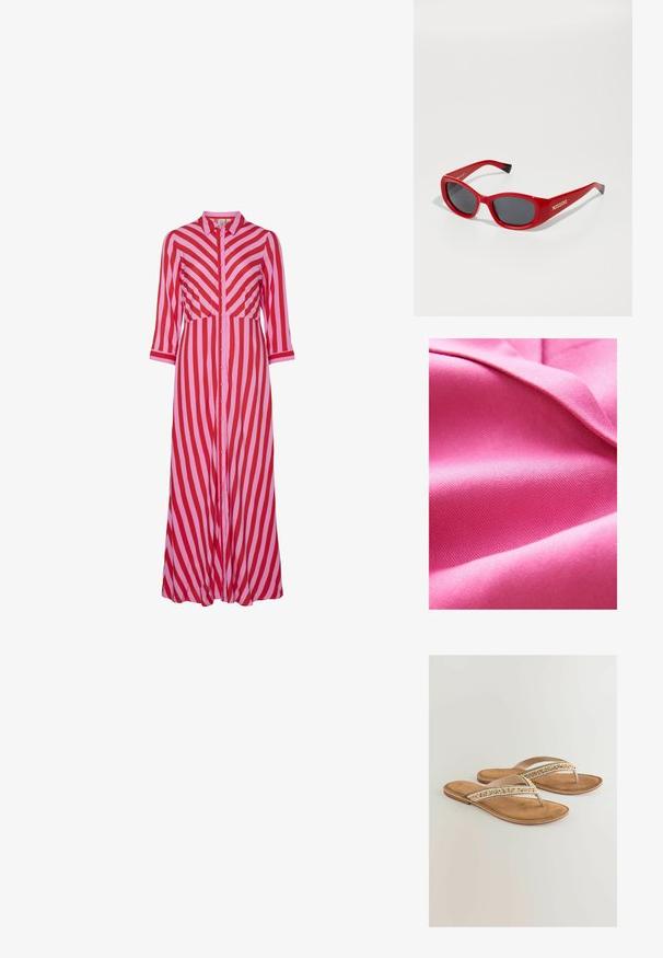 Material texturat roz, neted cu o ușoară strălucire, având un model de țesătură diagonală și o cădere moale. Saturarea bogată a culorii sporește atractivitatea vizuală.; Rochie lungă cu nasturi, având dungi diagonale alternative roșii și roz. Fabricată dintr-un material ușor, cu mâneci până la trei sferturi.; Sandale flip-flop bej, cu un suport moale pentru picior, având accente împletite de culoare bej, alb și auriu pe brâu pentru un detaliu suplimentar.; Ochelari de soare din plastic roșu cu un cadru subțire, oval. Prezintă lentile întunecate și branding auriu pe lateral. Accente negre la capetele brațelor.; Geantă de mână țesută din paie, în formă rectangulară, cu o curea din piele bej și accesorii din metal argintiu, având o culoare și o textură bej natural.