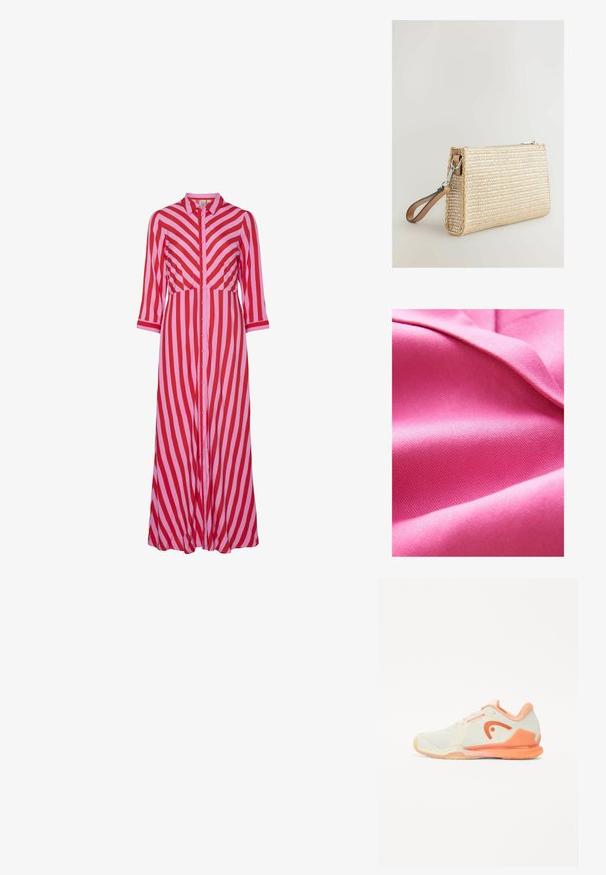 Textúrált rózsaszín anyag, sima, enyhe fénylással, átlós szövésmintával és puha eséssel. Gazdag színelmélyesség növeli a vizuális vonzerőt.; Hosszú, begombolható ruházat, amely váltakozó piros és rózsaszín átlós csíkokkal rendelkezik. Könnyű anyagból készült, háromnegyedes ujjakkal.; Világos krém színű teniszcipő, texturált hálós felsőrésszel, őszibarack színű kiegészítőkkel és jellegzetes logóval. Rugalmas gumitalp a tapadásért.; Szövetlen szalmából készült, téglalap alakú táska, világosbarna bőrszíjjal és ezüstszínű fém díszítéssel, természetes bézs színnel és textúrával.
