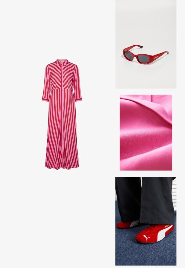 Texturerat rosa tyg, slätt med en lätt lyster, med ett diagonalt vävmönster och mjuk fall. Rik färgmättnad ökar den visuella tilltalande.; Lång knäppklänning med växlande röd och rosa diagonala ränder. Tillverkad av lätt material med trekvartsärmar.; Röda mockasko sneakers med vita accenter, med texturerat material, rund tå och en gul logotyp på sidan, bärs med svarta byxor.; Röda plastsolglasögon med en smal, oval ram. Har mörka linser och guldlogotyp på sidan. Svarta detaljer vid tempeländarna.