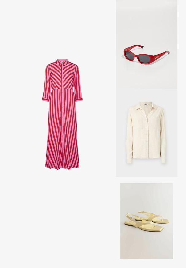 Tekstūruotas rožinis audinys, lygus su švelniu blizgesiu, su įstrižiniu audimo raštu ir minkštu kritimu. Sodri spalvų saturacija pagerina vizualinį patrauklumą.; Šviesiai smėlinė ilgomis rankovėmis marškiniai su apykakle, dviem krūtinės kišenėmis ir tekstūruotu audiniu.; Ilgas marškinėlius primenantis suknelė su raudonomis ir rožinėmis įstrižomis juostomis. Pagaminta iš lengvos medžiagos, turi iki trijų ketvirčių ilgio rankoves.; Geltonos plokščios šlepetės su tekstūruota dirbtinės odos viršutinė dalimi, piršto postų dizainu ir kulkšnies dirželiu su mažu segtuku. Kvadratinė piršto forma, minimalistinio stiliaus.; Raudoni plastikiniai saulės akiniai su siauru, ovaliu rėmu. Turi tamsius objektyvus ir auksinę ženklą šone. Juodos akcentai ant šventyklų galų.; Austo raštuotas šiaudų rankinukas stačiakampio formos, su šviesiai rudos odos dirželiu ir sidabro tonų detalėmis, natūralios smėlio spalvos ir tekstūros.