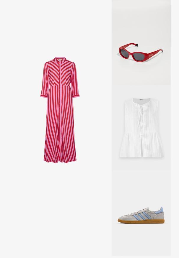 Gelaagd roze stof, glad met een lichte glans, met een diagonale weefpatroon en een zachte val. Rijke kleurverzadiging vergroot de visuele aantrekkingskracht.; Witte mouwloze blouse met verticale plooien, een striksluiting bij de hals en een peplum taille. Glad textiel met knopenaccenten.; Lange button-up jurk met afwisselend rode en roze diagonale strepen. Gemaakt van lichtgewicht materiaal met driekwart mouwen.; Grijze suède sneaker met lichtblauwe strepen, rubberen gumzool en logo-accenten. Laag model met ronde neus en vetersluiting.; Rode plastic zonnebril met een slank, ovaal frame. Bevat donkere lenzen en gouden branding aan de zijkant. Zwarte accenten op de uiteinden van de steunen.; Geweven rieten clutch tas in een rechthoekige vorm, met een tan leren schouderband en hardware in zilverkleur, in een natuurlijke beige kleur en textuur.