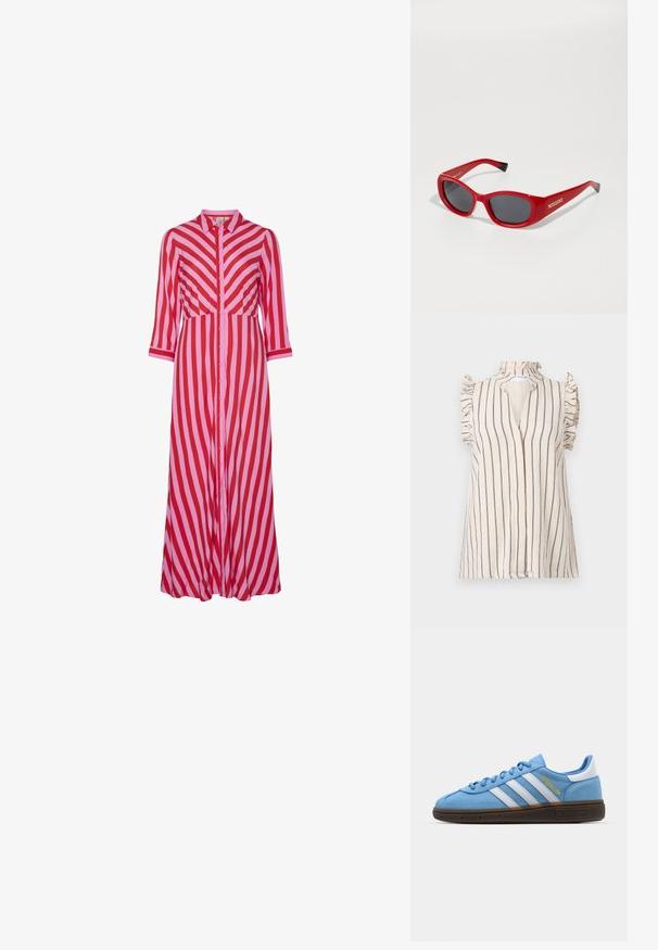 Gelaagd roze stof, glad met een lichte glans, met een diagonale weefpatroon en een zachte val. Rijke kleurverzadiging vergroot de visuele aantrekkingskracht.; Lichtbeige blouse met marineblauwe verticale strepen, ruches aan de mouwen en een hoge halslijn, met een opening aan de voorkant.; Lange button-up jurk met afwisselend rode en roze diagonale strepen. Gemaakt van lichtgewicht materiaal met driekwart mouwen.; Lichtblauwe suède sneakers met witte leren strepen, een bruine textuurzool en gouden logo-detail. Laag ontwerp met een ronde neus.; Rode plastic zonnebril met een slank, ovaal frame. Bevat donkere lenzen en gouden branding aan de zijkant. Zwarte accenten op de uiteinden van de steunen.; Geweven rieten clutch tas in een rechthoekige vorm, met een tan leren schouderband en hardware in zilverkleur, in een natuurlijke beige kleur en textuur.