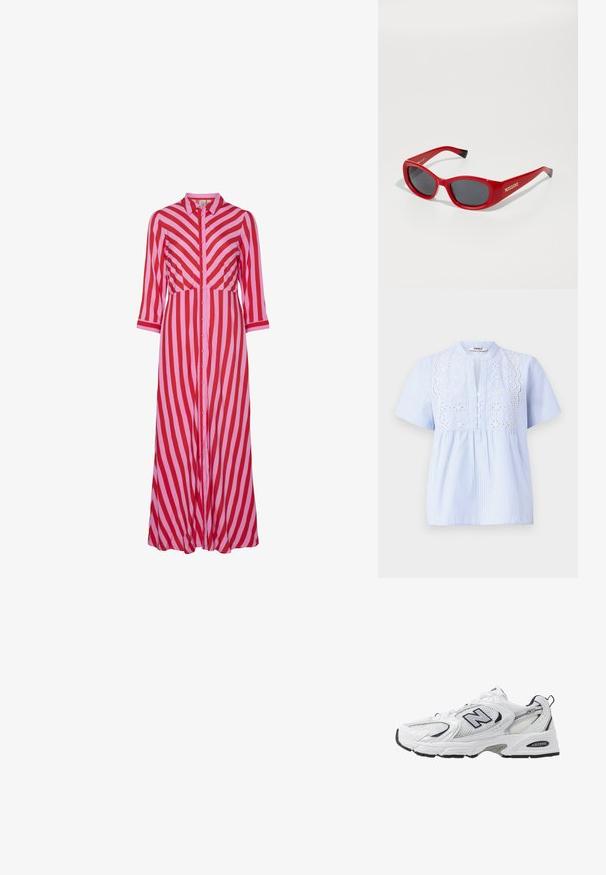 Tissu rose texturé, lisse avec un léger éclat, présentant un motif de tissage diagonal et une tombée douce. La saturation riche des couleurs augmente l'attrait visuel.; Blouse à manches courtes bleu clair avec des rayures verticales blanches, présentant un motif floral brodé sur le devant et une fermeture à bouton.; Robe longue à boutons avec des rayures diagonales rouges et roses alternées. Fabriquée en tissu léger avec des manches trois-quarts.; B baskets blanches avec une tige en mesh, des accents bleu marine et une semelle rembourrée. Présente le logo "N", des lacets et un détail texturé sur le côté.; Lunettes de soleil en plastique rouge avec une monture fine et ovale. Elles possèdent des verres sombres et un logo doré sur le côté. Des accents noirs au niveau des branches.; Pochette en paille tissée de forme rectangulaire, dotée d'une bandoulière en cuir beige et de ferrures en métal argenté, avec une couleur et une texture beige naturel.