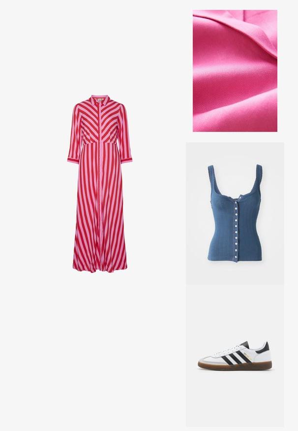 Struktura roza tkanina, gladka s rahlim sijajem, z diagonalnim tkanjem in mehkimi draperijami. Bogata barvna nasičenost povečuje vizualno privlačnost.; Free People END GAME POINTELLE TANK - Top - indigo; Dolga obleka s gumbki, ki ima izmenične diagonalne črte v rdeči in roza barvi. Narejena je iz lahkega materiala in ima rokave tri četrtine.; beli usnjeni športni copat z črnimi semišo detajli, tremi črnimi črtami, bež gumijastim podplatom in zlatim logotipom "SPEZIAL" na strani.