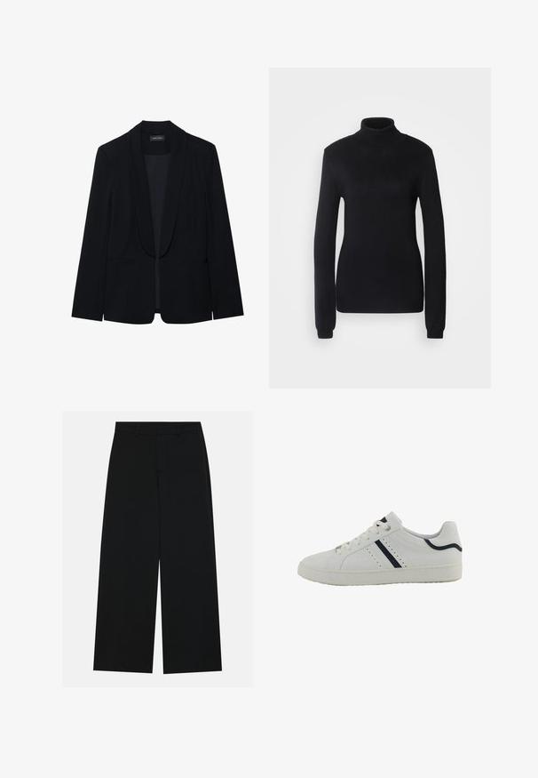 Black blazer with a peak lapel, single-button closure, two front pockets, and a smooth, textured fabric. No visible patterns or embellishments.; Black turtleneck sweater made from a soft knit fabric, featuring long sleeves and a fitted silhouette with a ribbed collar and hem.; Wide-leg black trousers made of a smooth fabric. Features a flat waistband with belt loops and no visible pockets. Simple design.; White synthetic sneaker with a low profile, featuring navy diagonal stripes, perforations on the side, and a textured rubber sole.