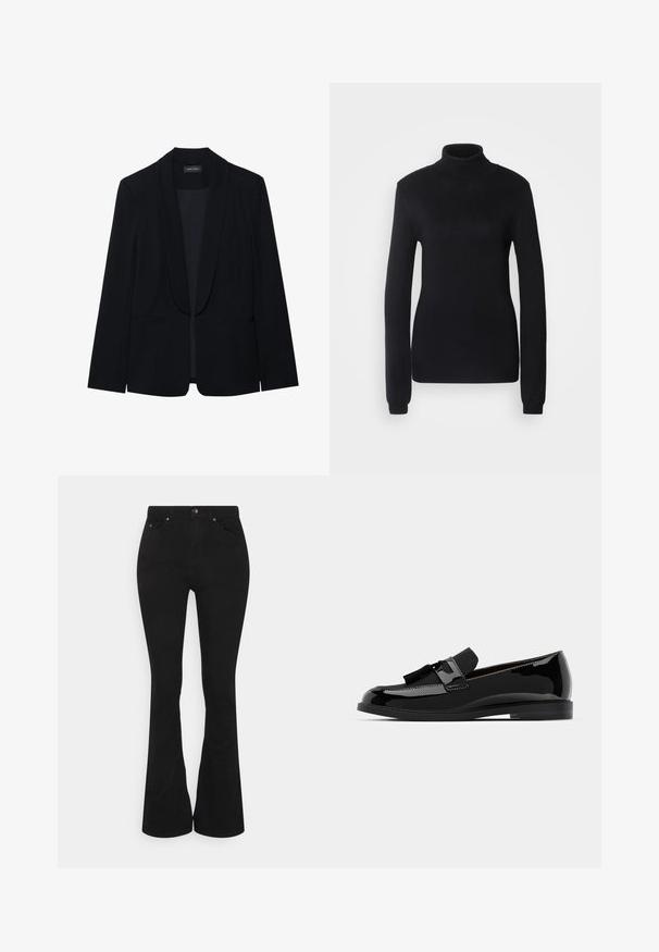 Juodas švarkas su aštriu apykaklė, vienu mygtuku, dviem priekinėmis kišenėmis ir lygiu, tekstūruotu audiniu. Nėra matomų raštų ar puošmenų.; Juodas golfas, pagamintas iš minkštos megztos medžiagos, su ilgomis rankovėmis ir prigludusia siluete, turintis gyslotą apykaklę ir apatinę kraštą.; Juodos plačios kelnės su aukštu liemeniu, pagamintos iš minkšto medvilnės mišinio. Yra priekinės kišenės, metalinė sagčių uždarymo sistema ir subtilūs siuvimo detalės.; Juodi lakiniai odiniai loaf'eriai su plokščiu kulnu, turintys kutą ir lygų paviršių, suapvalintu smailumi ir švelniu siuvimu.