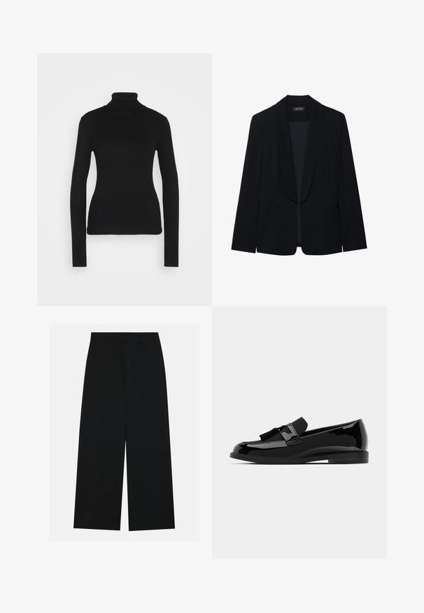 Črn blazer s koničastim izrezom, zapiranjem na en gumb, dvema sprednjima žepoma in gladko, teksturirano tkanino. Brez vidnih vzorcev ali okraskov.; Marc O'Polo DENIM TURTLE NECK SWEATER STRUCUTRE FITTED - Pulover - black; Široke črne hlače, narejene iz gladkega materiala. Imajo ravno elastično pasu z zanko za pas in nimajo vidnih žepov. Preprost dizajn.; Črne lakirane loafers čevlje z ravnim peto, ki imajo dodatek v obliki resic in gladko površino, oblikovane z zaobljenim nosom in subtilnim šivanjem.