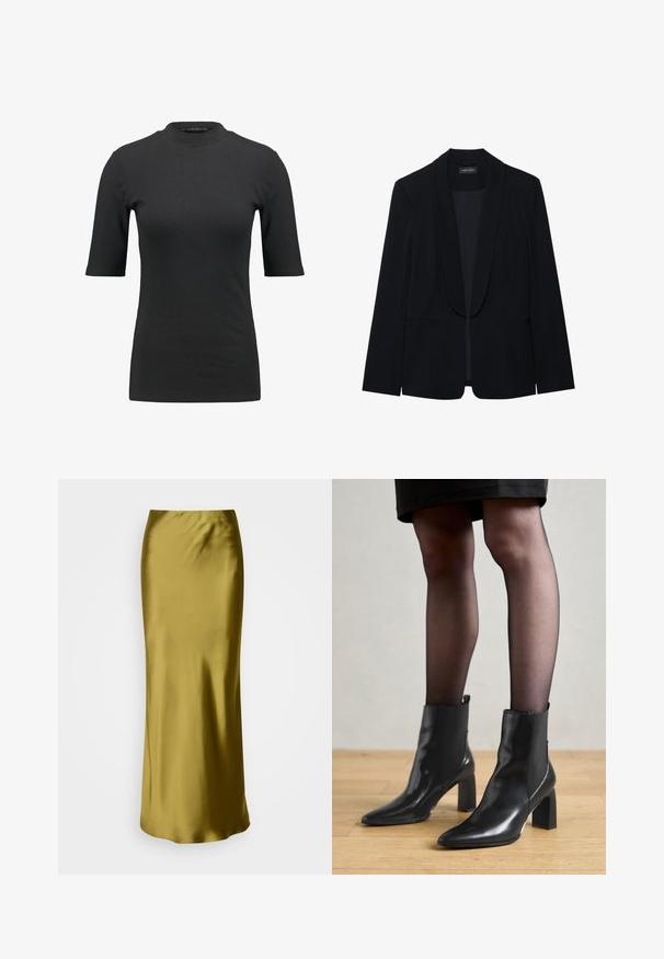 Zwarte blazer met een piekrevers, enkele knoopsluiting, twee cargopockets en een gladde, gestructureerde stof. Geen zichtbare patronen of versieringen.; Zwarte geribbelde T-shirt met een hoge hals en korte mouwen. Gladde, aansluitende pasvorm zonder patronen of zichtbare hardwaredetails.; Satijnen, olijfgroene, high-waisted rok met een slank, aansluitend ontwerp, taps toelopende vorm en een gladde textuur, bedoeld voor een vloerlange stijl.; Zwarte leren enkellaarsjes met een spitse neus, stevige vierkante hak en een fraaie uitstraling. Beschikt over elastische zijpanelen voor gemakkelijke aan- en uittrekken.