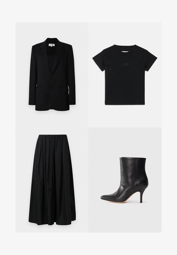 MM6 Maison Margiela JACKET - Sako - black; Čierne bavlnené tričko s krátkymi rukávmi, okrúhlym výstrihom a malou grafickou potlačou v svetlejšom odtieni na prednej strane.; Čierna plisovaná sukňa vyrobená z ľahkého materiálu s elastickým pásom. Dlhá až po zem, s hladkou textúrou a minimalistickým dizajnom.; Čierne kožené členkové topánky s špicatou špičkou, úzkym stiletto podpätkom a hladkou textúrou. Minimalistický dizajn bez viditeľných kovových prvkov alebo akcentov.