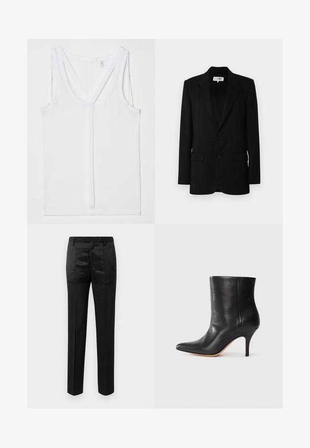 MM6 Maison Margiela JACKET - Blazer - black; Helmut Lang STRAP RACER TANK - Top - optic white; Pantaloni neri su misura con gamba dritta e una vita con passanti per cintura, caratterizzati da un mix di pannelli di tessuto opaco e lucido.; Stivale alla caviglia in pelle nera con punta affilata, sottile tacco a stiletto e superficie liscia. Design minimalista senza hardware o accenti visibili.