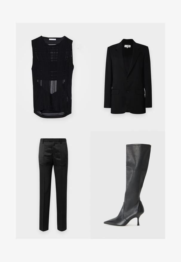 MM6 Maison Margiela JACKET - Bleizers - black; Melnā bez piedurknēm topa ar vertikālu ribu tekstūru. Iezīmēta ar apaļu kakla izgriezumu un nedaudz garāku aizmugures apakšmalu. Viegls un caurspīdīgs materiāls.; Melni pielāgoti bikses ar taisnām kājām un jostu ar cilpiņām, kas ietver matētu un spīdīgu audumu paneļus.; Ceļa auguma melni ādas zābaki ar smailu purngalu un šauru stiletto papēdi. Gluda tekstūra ar pieguļošu dizainu un izšuvumiem augšējā malā.