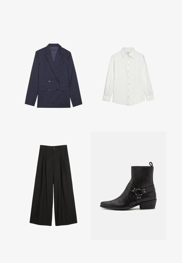 Veste bleu marine croisée avec des rayures blanches, cols crantés, deux poches avant et six boutons noirs, présentant une texture de tissu lisse.; Chemise blanche à manches longues avec un col classique, patte de boutonnage sur le devant et texture de tissu lisse. Présente des poignets boutonnés et une coupe ajustée.; Pantalons larges noirs avec des plis à l'avant, ceinture avec passants de ceinture, et fermeture à bouton unique. Tissu lisse avec une texture subtile.; Bottines en cuir noir avec un bout pointed, une sangle sur le côté ornée d'un accent en métal rond, et un petit talon. Texture lisse.