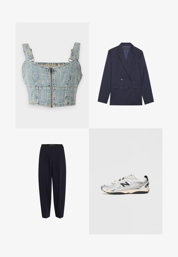 Tupla-nepparinen tummansininen bleiseri, jossa on valkoisia raitoja, hapsulaput, kaksi etutaskua ja kuusi mustaa nappia, joissa on sileä kangasrakennus.; Denim crop-top, jonka vaaleansininen pesu, varustettu vetoketjusuljennolla, rypytetty takapuoli ja leveät hihnat. Yksityiskohtiin kuuluu ompelu ja lievää kulutusta.; Meripantsit korkealla vyötäröllä, joissa on etupleikkuja ja kapeneva lahjetyyli. Valmistettu sileästä kankaasta ilman näkyviä varusteita tai kuvioita.; Harmaa ja valkoinen urheilujalkine, jossa on pyöreä kärki, verkkokangas ja synteettiset materiaalit, mustat yksityiskohdat ja kuvioitu kumipohja.