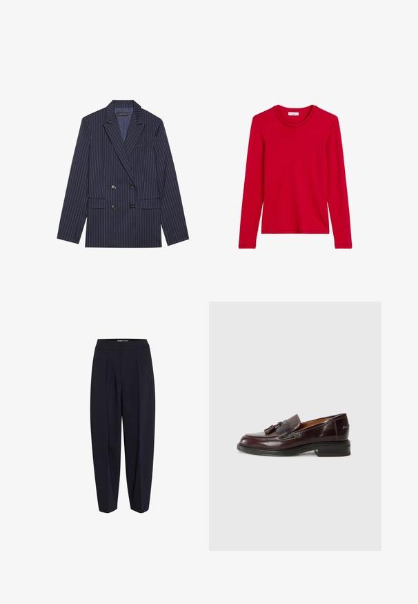 Dobbeltradet marineblå blazer med hvide striber, sautérlapel, to frontlommer og seks sorte knapper, der har en glat stofstruktur.; Rød langærmet skjorte lavet af glat bomuld. Den har en rund halsudskæring og et enkelt design uden mønstre eller hardware-detaljer.; Marinblå bukser med høj talje, med frontfold og tapered ben-design. Lavet af et glat stof uden synlige hardware eller mønstre.; Brune læder loafers med en frynse accent, rund tå, lav blokhælel, og en tekstureret sål. Glat finish med subtile syninger.