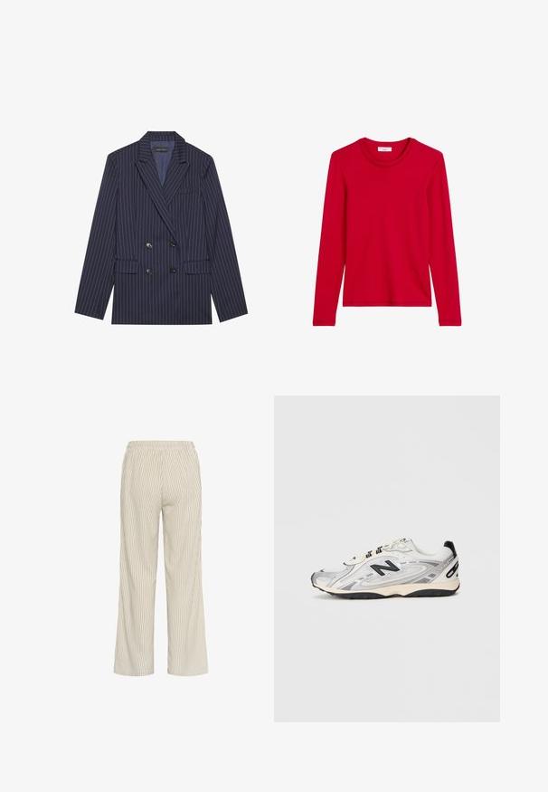 Divkrāsu zila žakete ar baltām svītrām, ar iegrieztiem atkārtotiem apmalēm, divām priekšējām kabatām un sešām melnām pogām, ar gludu auduma tekstūru.; Sarkana garu piedurkņu krekls, izgatavots no gludas kokvilnas. Tam ir apaļa kakla izgriezums un vienkārša forma, bez rakstiem vai apdarei.; Gai bēšas svītrainās bikses ar brīvu piegriezumu, kas aprīkotas ar elastīgu jostasvietu un vertikālām līnijām, kas rada teksturētu izskatu.; Pelēki un balti sporta apavi ar noapaļotu purngalu, izgatavoti no sieta un sintētiskajiem materiāliem, ar melniem akcentiem un teksturētu gumijas zoli.