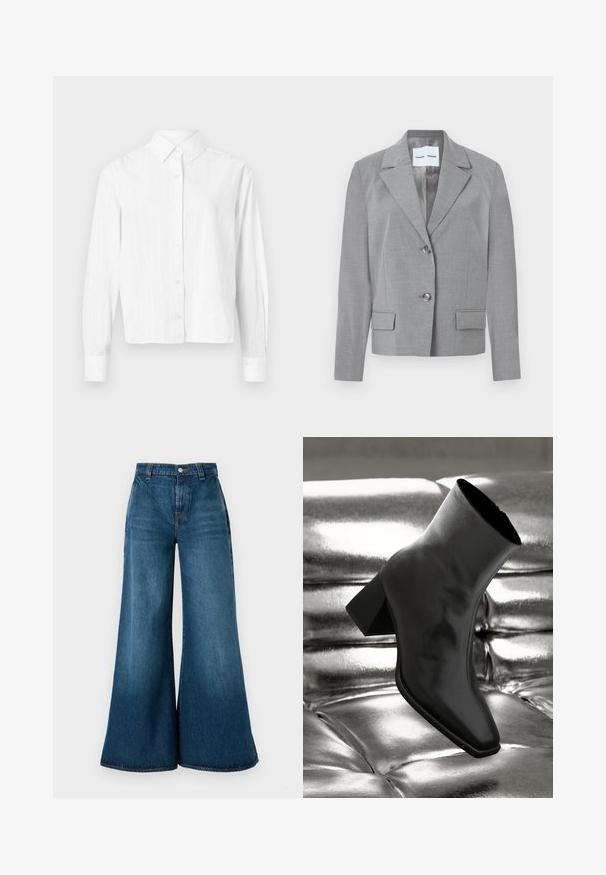 Gray tailored blazer featuring a notched collar, two-button closure, and two front pockets with a smooth texture. Lined interior.; White button-up shirt made of lightweight fabric. Features long sleeves, a classic collar, and subtle vertical stripes. Cropped design.; Wide-leg denim jeans in dark blue wash, featuring a high waist, front button closure, and classic five-pocket design. Smooth texture.; Black ankle boot made of glossy material with a square toe and tapered heel, set against a shiny silver tufted background.