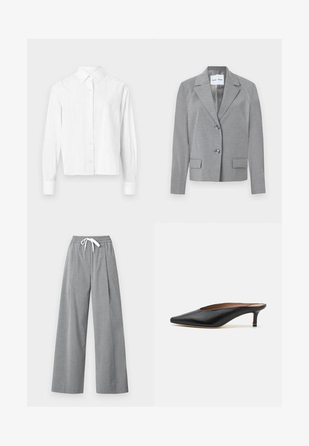 Γκρι σακάκι με φορεμένη κοπή που διαθέτει καμπυλωτό γιακά, κλείσιμο με δύο κουμπιά και δύο μπροστινές τσέπες με λεία υφή. Επενδεδυμένο εσωτερικά.; Λευκό πουκάμισο με κουμπιά, φτιαγμένο από ελαφρύ ύφασμα. Διαθέτει μακριά μανίκια, κλασικό γιακά και λεπτές κατακόρυφες ρίγες. Σχεδίαση που τελειώνει κοντά.; Γκρίζες παντελόνες με πλατιά γραμμή, φτιαγμένες από ελαφρύ υλικό, με πτυχώσεις στο μπροστά μέρος και ελαστική μέση που διαθέτει λευκή κορδούλα.; Μαύρες δερμάτινες μπαλαρίνες με αιχμηρή μύτη και χαμηλό, τετράγωνο τακούνι. Λείος υφασμάτινος σχεδιασμός. Ανοιχτή πλάτη με μινιμαλιστική διακόσμηση.