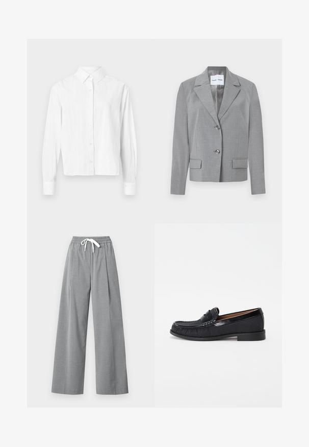 Sivý prispôsobený blazer s klopovým golierom, zapínaním na dva gombíky a dvoma prednými vreckami s hladkou textúrou. Podšité vnútro.; Biela košeľa s gombíkmi vyrobená z ľahkej látky. Má dlhé rukávy, klasický golier a jemné vertikálne pruhy. Skvelý skrátený dizajn.; Sivé nohavice širokého strihu vyrobené z ľahkej látky s plisovaným predným dielom a elastickým pásom so bielym šnúrkou.; Čierne nazúvacie mokasíny vyrobené z textúrovaného materiálu s lesklým koženým akcentom a jemnými šijacími detailmi, so nízkym gumeným podpätkom.
