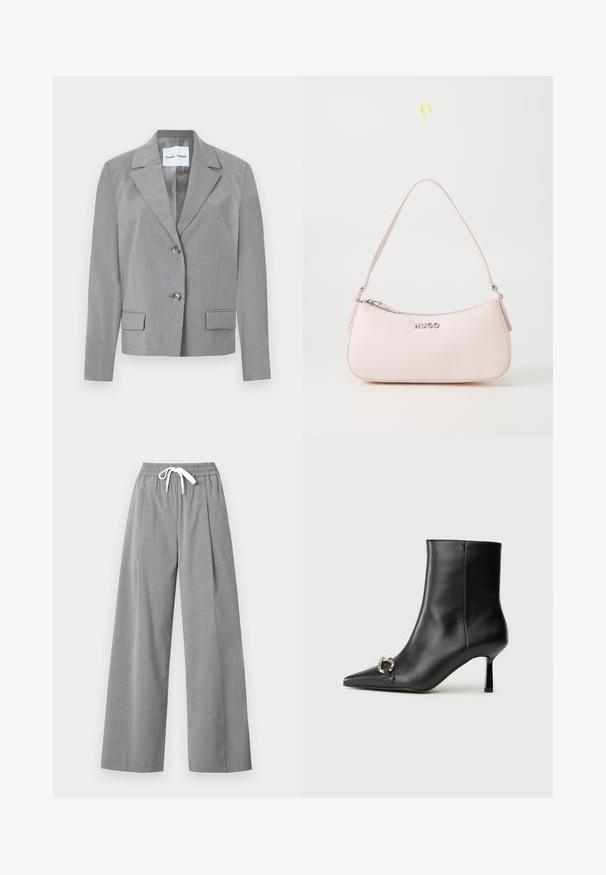 Grå skræddersyet blazer med filet krave, to-knaps lukning og to frontlommer med en glat overflade. Foret indvendig.; Hvid kortærmet t-shirt lavet af letvægts bomuld. Har en rund halsudskæring og rullede ærmer. Rød logoetiket på kraven.; Grå brede bukser lavet af letvægtigt stof med plisseret front og elastisk talje med en hvid snor.; Sort læder ankelstøvle med spidse tæer, slank hæl i mellemhøjde og sølvspænde detaljer på siden mod en ensfarvet baggrund.; Rosa læderhåndtaske med et buet design, lynlåslukning og skulderrem. Har et sølvlogo foran.