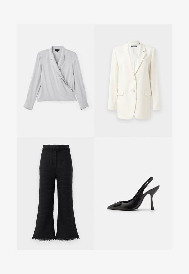 Weiße maßgeschneiderte Blazerjacke mit Reverskragen, zwei Fronttaschen, Knopfverschluss und strukturiertem Stoff. Klassische Passform mit langen Ärmeln.; Theory LAPEL WRAP - Bluse - platinum; Schwarze weite Hosen aus strukturiertem Stoff, mit ausgefranstem Saum und elastischem Bund. Das Design zeichnet sich durch eine glatte Oberfläche und einen lässigen Schnitt aus.; Schwarzer Leder-Slingback-Schuh mit spitzem Zehenbereich, schlankem High Heel und dekorativem Schleifenakzent. Glatte Textur und elegantes Design.