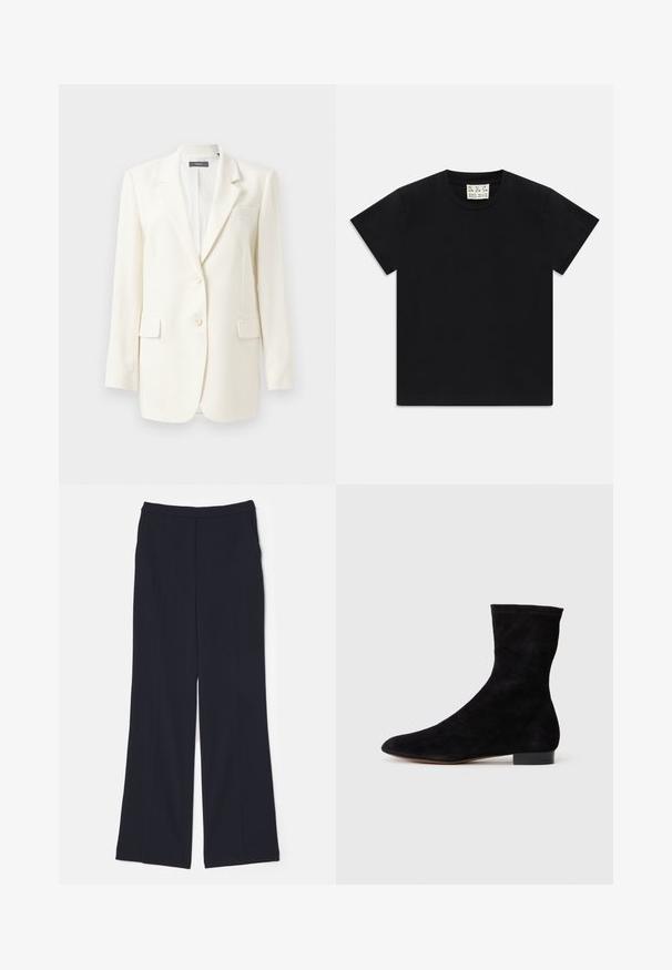 Vit skräddarsydd blazer med slagkrage, två framfickor, knäppning och strukturerad tyg. Klassisk passform med långa ärmar.; Svart t-shirt med kort ärm och rund halsringning, med en vit etikett i kragen som säger "D.R.C. EST. 2002", på vit bakgrund.; Marinblå vida byxor i ett mjukt tyg, med en hög midja och två framveck som sträcker sig ner längs benen.; Svart mocka ankelboots med en åtsittande skaft, spetsig tå och låg blockklack. Slät yta och minimalistisk design, lämplig för mångsidig styling.