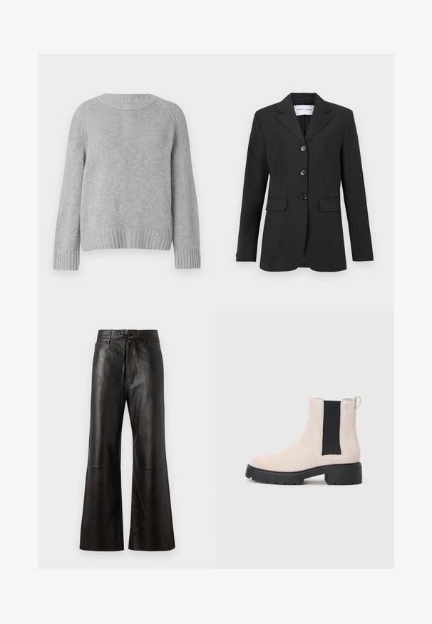 Fekete zakó textúrált anyagból, testre szabott szabású, egysoros kialakítással, kétgombos résszel, és három elülső gombbal. Két elülső zsebbel rendelkezik.; Világosszürke pulóver, kerek nyakkivágással, raglán ujjakkal, valamint bordázott mandzsettákkal és aljjal. A textúrája lágy és kötöttnek tűnik.; Fekete bőr nadrág széles lábbal, sima elülső résszel és megkötős derékkal. Részletes varrás és minimalista stílus jellemzi.; Beige velúr Chelsea csizma fekete elasztikus oldalsó panellel, tömzsi fekete talppal és fülekkel a bokánál.